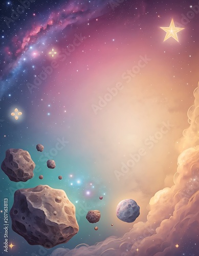 Colorful cosmic space background with floating asteroids, shimmering stars, and vibrant nebula clouds in a dreamy galaxy