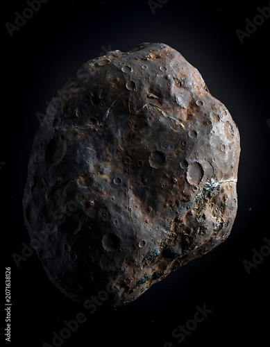 Close-up view of a rocky asteroid with impact craters, showcasing its irregular surface and texture in a detailed space exploration image