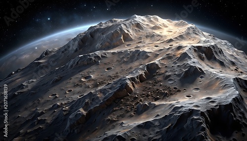 Close-up View of a Craggy Asteroid Surface Floating Above a Distant Planet in Deep Space