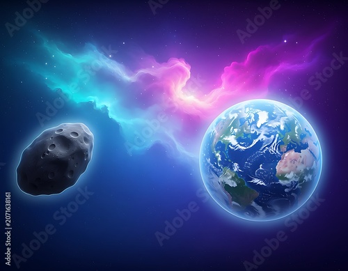 Asteroid approaching Earth in deep space with colorful nebula backdrop