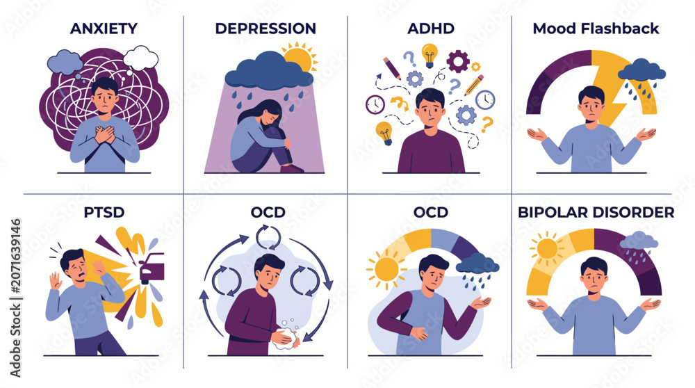 Fototapeta premium Mental Health Icon Set Depicting Anxiety Depression ADHD Mood Disorder PTSD OCD