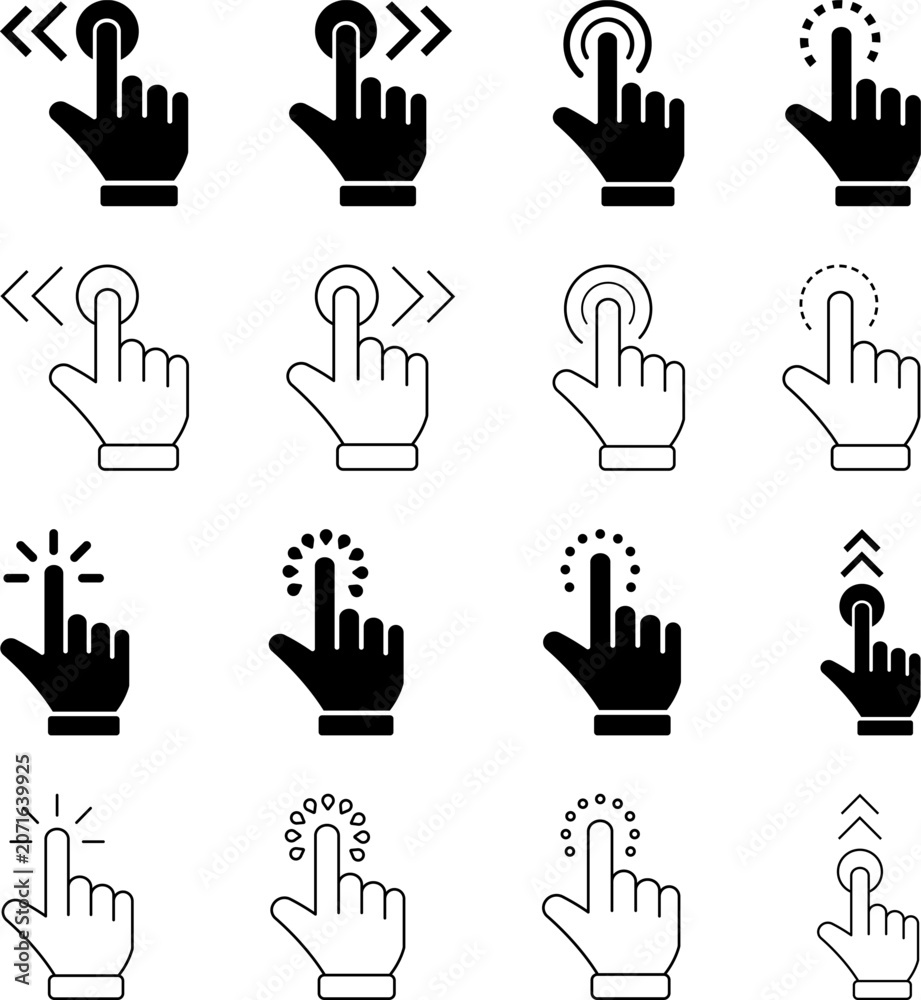 Fototapeta premium Touchscreen Hand Gestures and Click Cursor Icon Vector Set