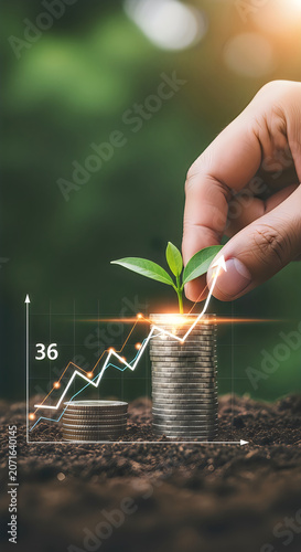 Hand planting sprouting seed in growing coins stack
