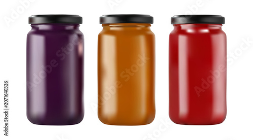 Three glass jars with colorful jam or preserves