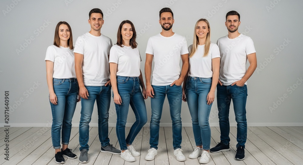 Obraz premium Six diverse young adults in plain white t-shirts and blue jeans standing together posing for a studio photograph
