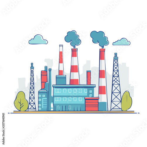 Flat illustration of industrial factory with smokestacks