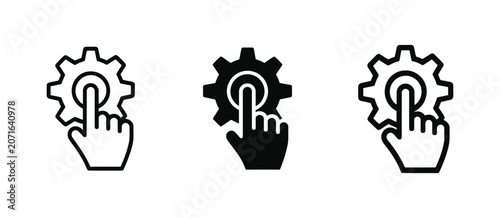Fotografía Manual configuration and system settings hand touch icon set featuring gear controls, customization and user interaction symbols