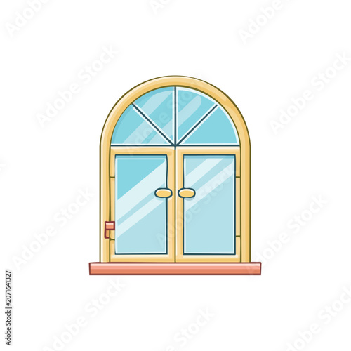 Arched Window with Double Glass Doors Vector Illustration