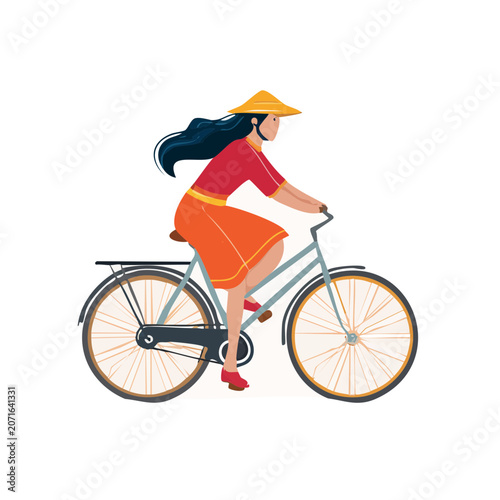 Woman riding bicycle in flat illustration style