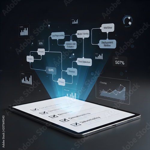 Digital tablet showing cloud network analytics dashboard