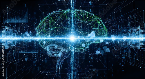 Digital brain connected to futuristic network tree