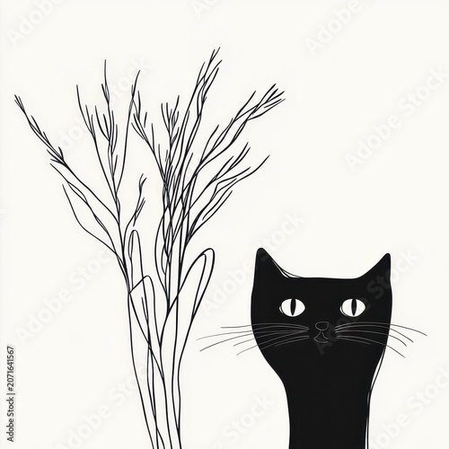 Minimalist black cat and botanical line art on white background