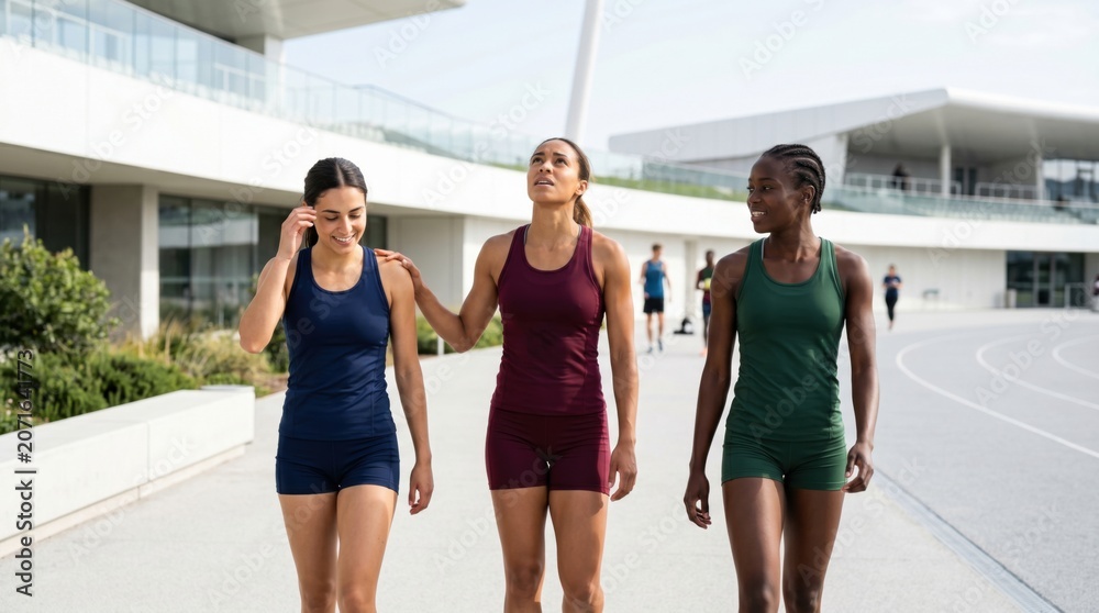 Obraz premium Three multiethnic women athletes walking together at a stadium after workout. Friends in sportswear conversing outdoor. Concept of team support, healthy lifestyle, unity and fitness motivation.
