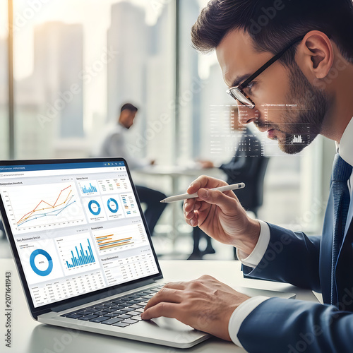 Business professionals analyzing data on laptop