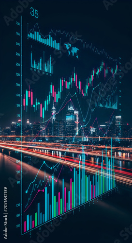 City skyline with stock market candlestick chart overlay