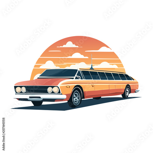 Retro station wagon illustration with sunset background