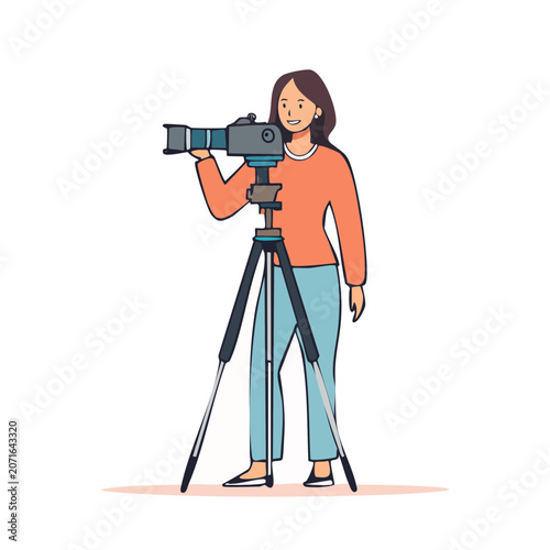 Woman photographer with camera on tripod, flat vector illustration