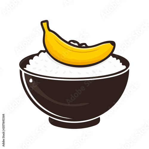 Banana on Rice Bowl Flat Vector Illustration