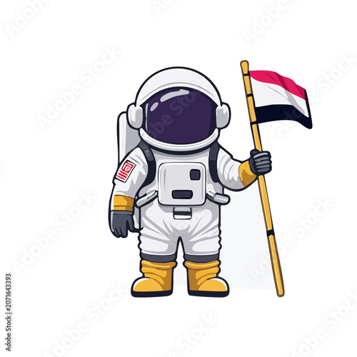 Cartoon astronaut holding flag in space suit
