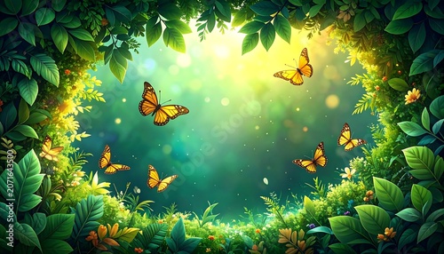 Butterflies in Green Forest.