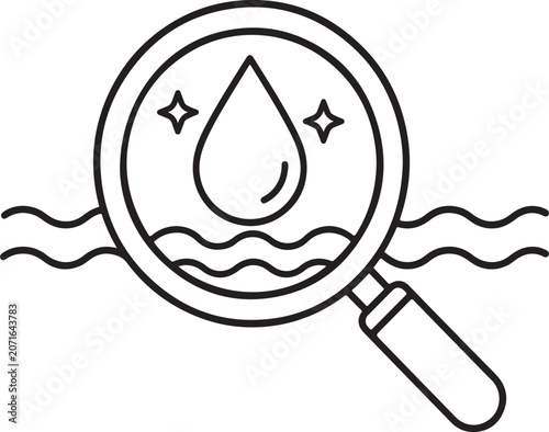 Water quality analysis icon magnifying glass inspecting water droplet and waves