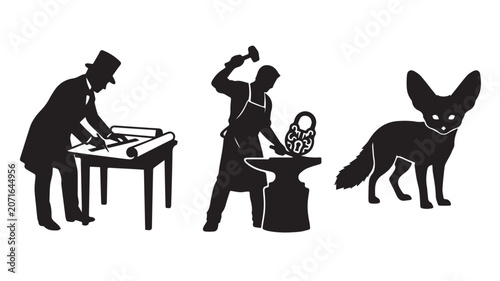 Black silhouette icons of an architect, a blacksmith, and a fennec fox Vector