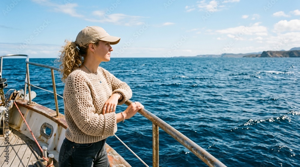 Fototapeta premium Woman stands on a boat deck looking out at sea landscape