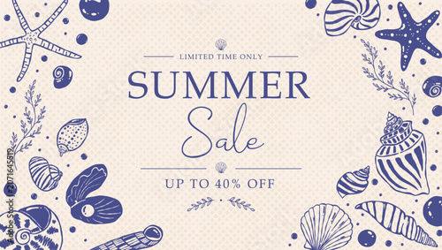 Summer Sale Discount Banner with Seashell Illustration and Nautical Border Style