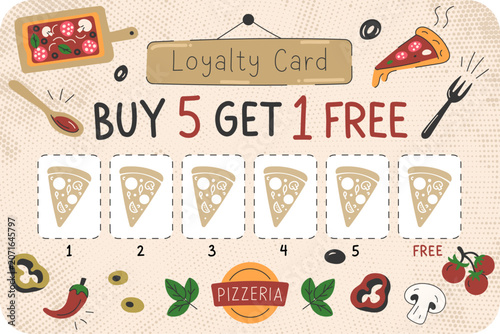 Pizza Loyalty Card Template with Reward Stamps and Italian Ingredient Decor Flat Style