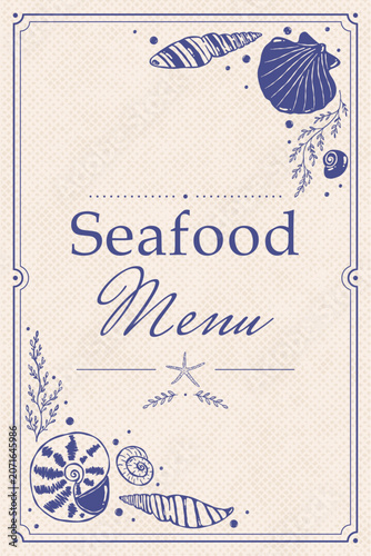Seafood Menu Cover Template with Seashell Border Coastal Vintage Line Art