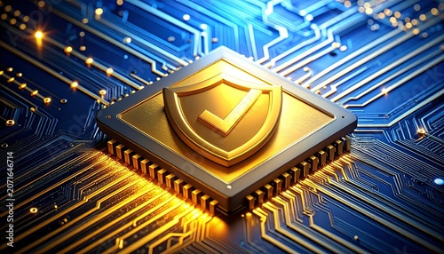 Golden microchip with radiating circuits beneath digital shield and checkmark, symbolizing verified cybersecurity, protection, and secure computing infrastructure.