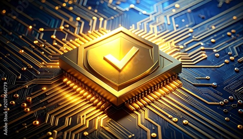 Golden microchip with radiating circuits beneath digital shield and checkmark, symbolizing verified cybersecurity, protection, and secure computing infrastructure.