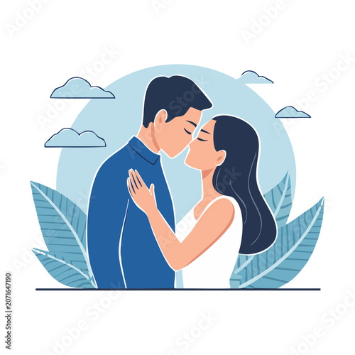 Flat illustration of a couple embracing and kissing