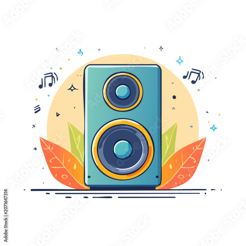 Flat illustration of a speaker with music notes and leaves