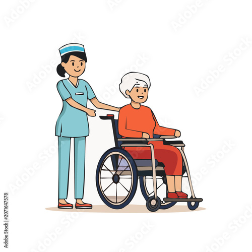 Nurse assisting elderly woman in wheelchair, flat vector illustration