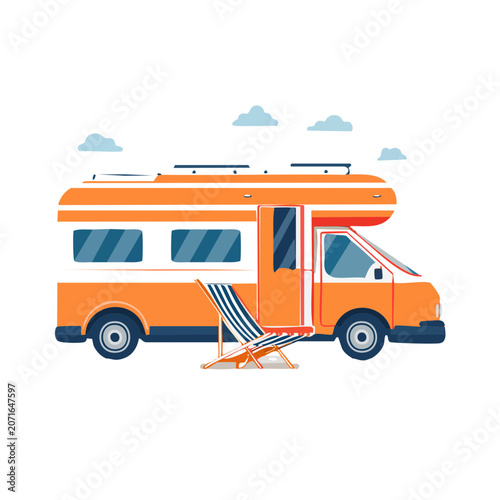 Orange camper van with deck chair flat vector illustration