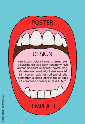 Opened Woman Lips Vector Illustration Poster Template. Mouth Open Screaming in Pop Art Style with Light Blue Background and Copy Space