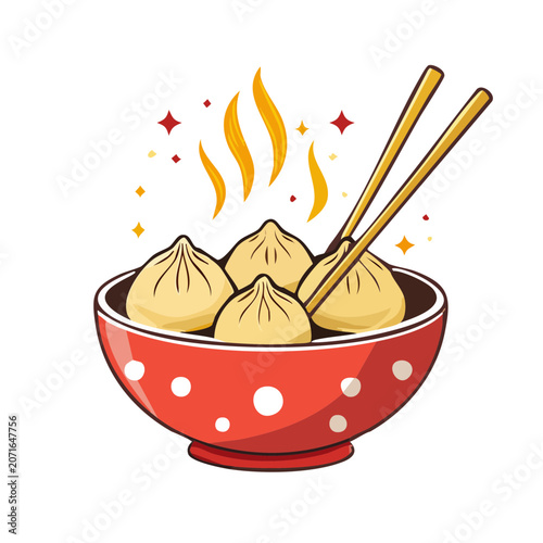 Steaming Dumplings in Red Bowl with Chopsticks