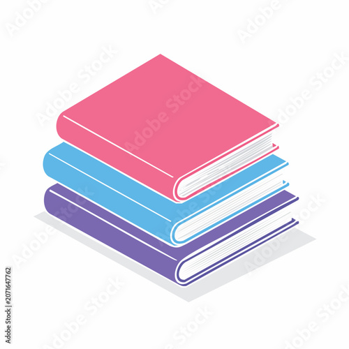 Stack of three colorful books in isometric flat design