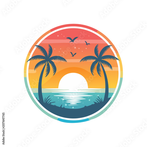 Tropical Sunset with Palm Trees and Ocean in Circular Frame