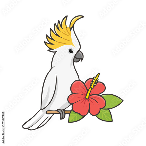 White Cockatoo with Hibiscus Flower Vector Illustration