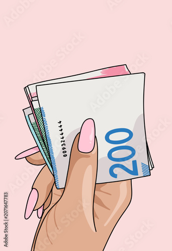 Vector Illustration of  Delicate Female Hands Holding Cash Banknotes Against Pink Background. Female Business, Entrepreneur, Money Concept