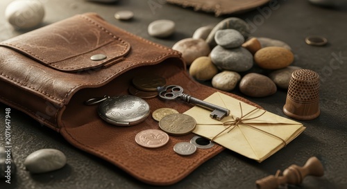 Antique Leather Pouch with Vintage Key, Coins, and Envelope