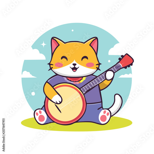 Cartoon cat playing banjo illustration