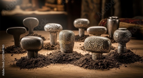 Antique Ornate Doorknob Collection Displayed on Textured Ground