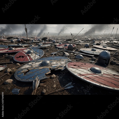 Battlefield strewn with splintered Viking shields and weapons