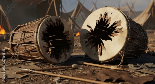Battle-Scarred Tribal Drums and Sticks in an Ancient Camp Setting
