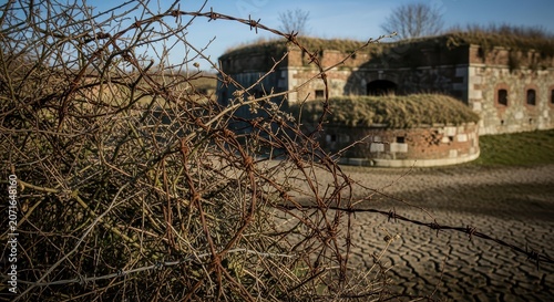 Barbed Wire Obstacle in Front of Historic Fortress Ruins Under Blue Sky