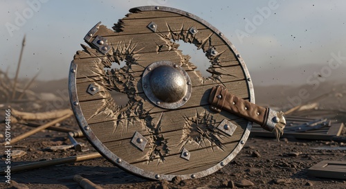 Battle-Scarred Wooden Shield Laying on the Ground