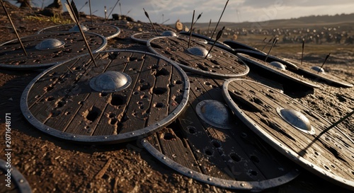 Battle-scarred wooden shields with arrows embedded, scattered on a dusty battlefield